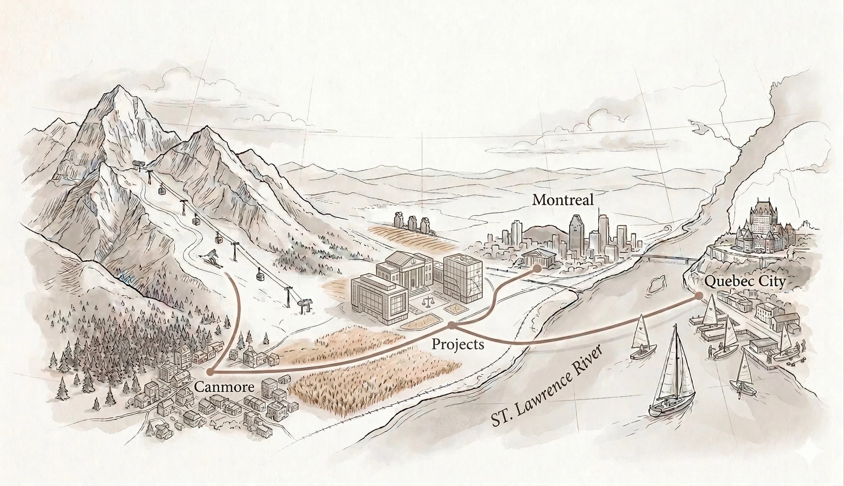 An illustrated map of my world, from Montréal to the Rockies.